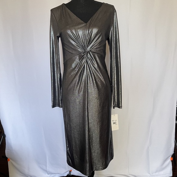 NWT Harper Rose Silver Metallic Long Sleeve Twist Front Midi Glam Dress Size 10 - Picture 2 of 8